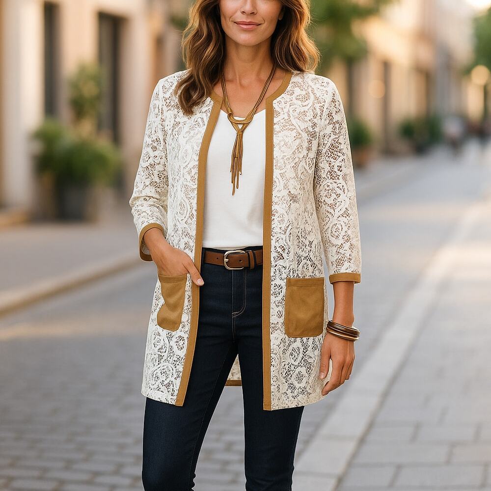 Chico's Lace Faux Suede Open Front Jacket Tan Ivory Floral Guipure Longline 1 M